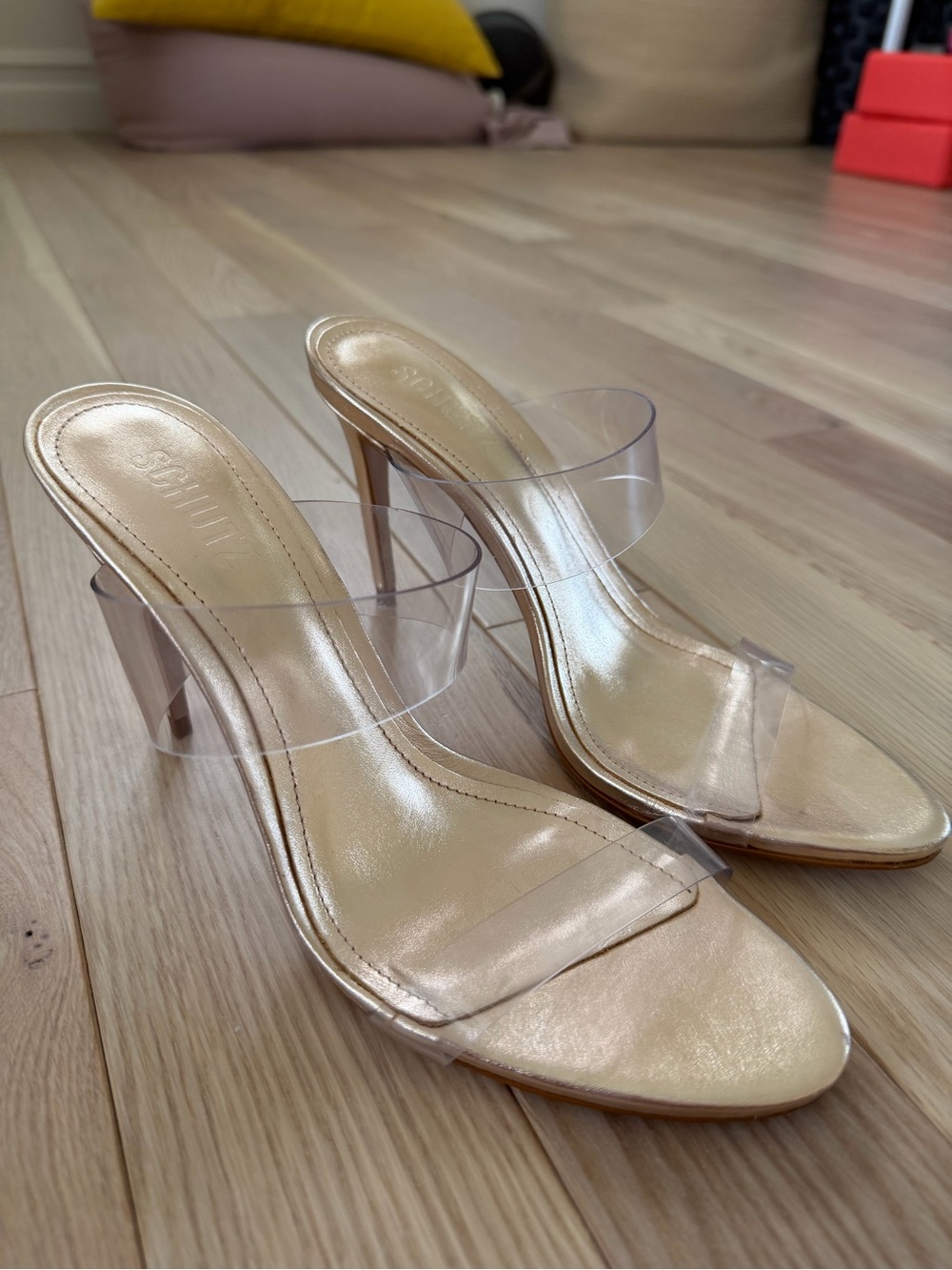 Schutz Heel Sandals Clear Slip On Stiletto Wedding Formal Gold leather Ariella 9